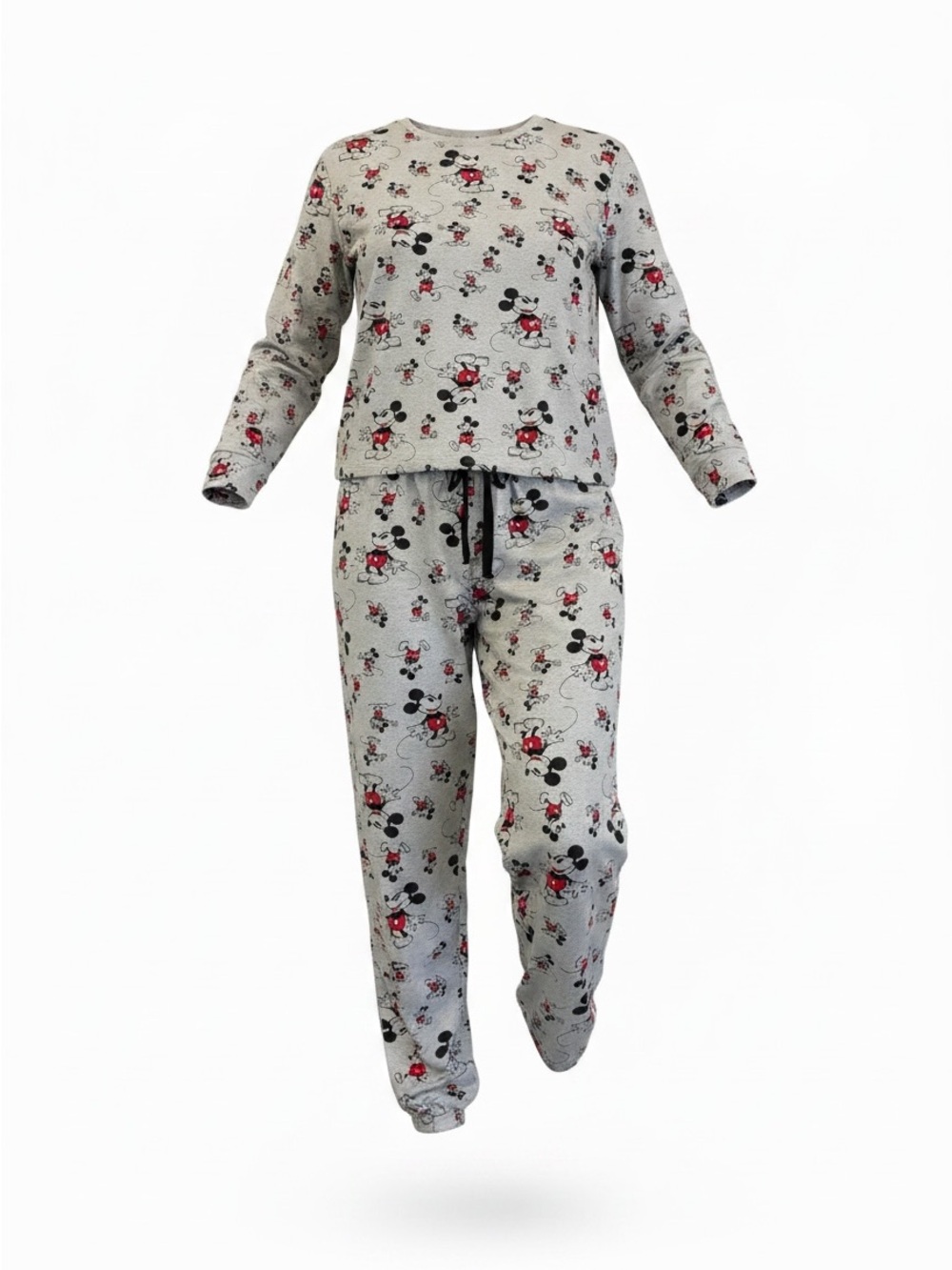 Disney Pajama Womens 2 Piece Pajama Set Mickey Mouse Grey Red Black Simple Print